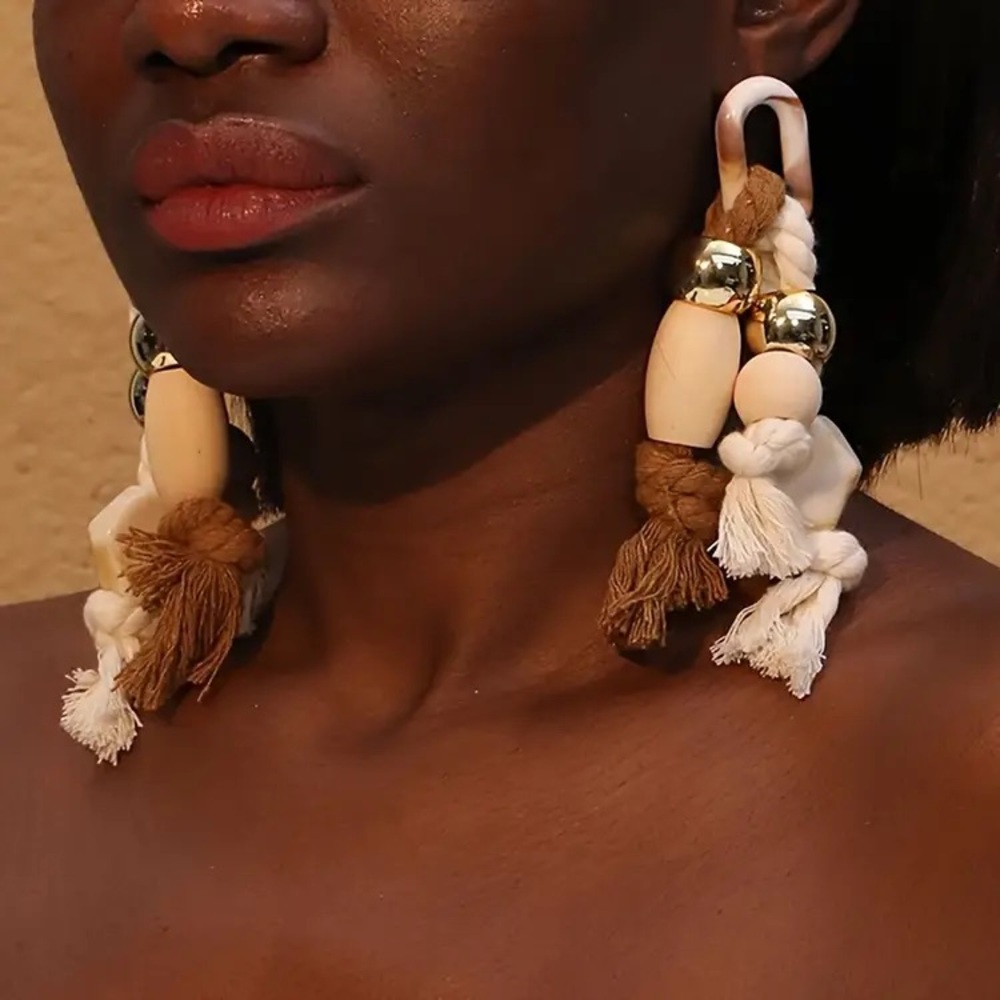Large Gold and Brown Rope Bead Statement Earrings Huge Long Big Massive Unique